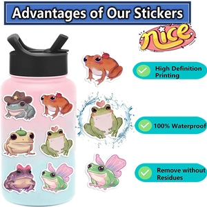 Waterproof cartoon frog stickers on water bottle showing high quality and no residue