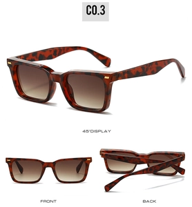 Three-way view of tortoise shell square sunglasses with gradient brown lenses and rivets
