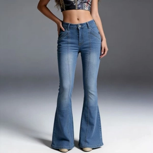 Detail of high-waist blue denim flared jeans with slim fit legs and retro cut style