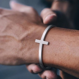 Men's double-layered stainless steel cross bracelet with hollow cross-link chain design