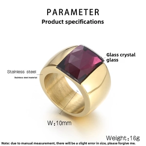 Detail of wide stainless steel ring featuring a large rectangular purple faceted glass gem