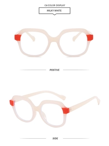 Dettaglio della montura quadrata bianco latte con design color block arancione sulle aste