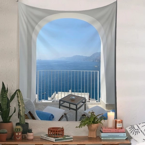 Detailed Mediterranean window view tapestry with blue sea and white terrace arch