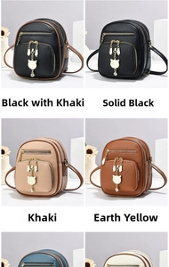 Detailed grid view of mini backpacks in various colors with cute cat charms and textures