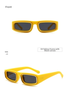 Detailed view of yellow rectangular sunglasses with C8 grey lenses and gold metal accents