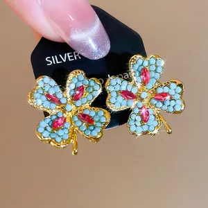 Clover Stud Earrings With Rhinestone And Beads Alloy Vintage Style Floral Jewelry With Silver Earring Post For Women
