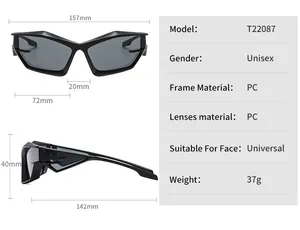 Detailed size chart for Y2K futuristic sunglasses showing frame dimensions and weight