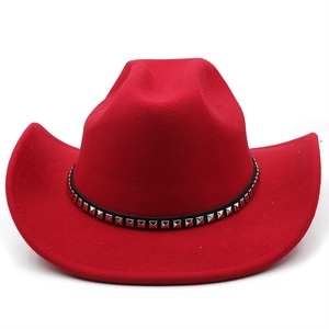 Classic dark red wool felt cowboy hat with wide brim and silver studded leather band