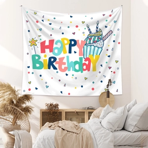 Detail view of a white Bohemian birthday wall tapestry with colorful hand-painted graphics
