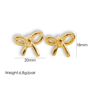 Detailed view of 14K gold-plated bow earrings with size 20mm by 18mm dimensions