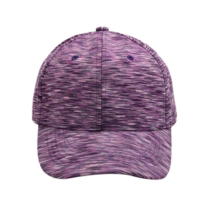 Detailed view of the purple space-dye texture and reinforced stitching on the baseball cap