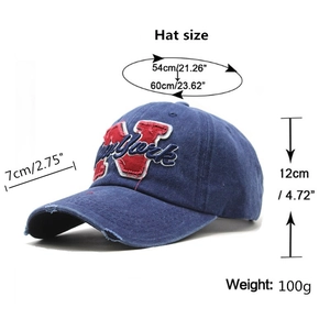 Distressed navy denim baseball cap with red New York embroidery and vintage wash finish