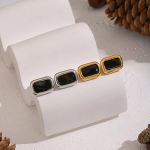 Classic gold and silver square stud earrings with black inlay for daily wear