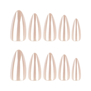 Sparkling nude pink press-on nails in a long almond shape with a high-gloss finish