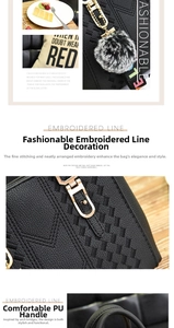 Detail of black quilted PU leather tote with gold hardware and fuzzy pompom accessory