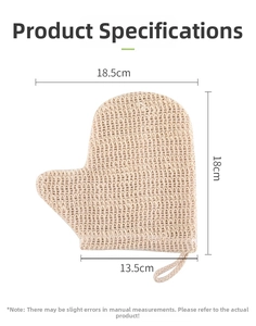 Detailed size chart for beige woven exfoliating bath glove with thumb hole and lanyard