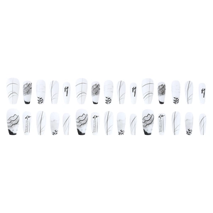 Ink wash painting bamboo style press-on nails in long ballet shape with matte finish