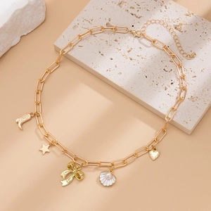 Golden chunky chain necklace featuring star, bow, heart, and shell pearl charms