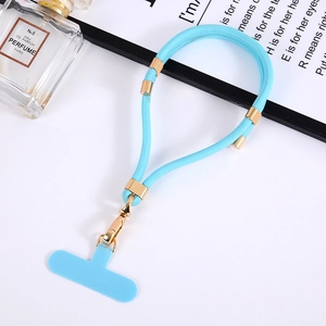 Adjustable blue braided nylon phone lanyard with gold metal buckle and T-shaped insert