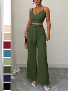 Top Con Spalline E Pantaloni A Gamba Larga Donna Tinta Unita Scollo A V Vita Alta Con Fiocco Elegante Estate Casual