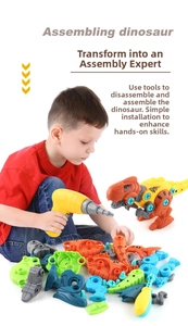 Child using electric drill to assemble DIY dinosaur building blocks set with nuts and bolts