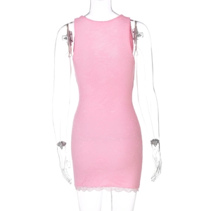 Detailed back view of pink lace sleeveless mini dress with floral crochet and eyelash hem