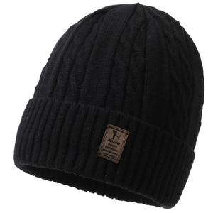 Winter black cable knit beanie for men with warm fleece lining and leather patch detail