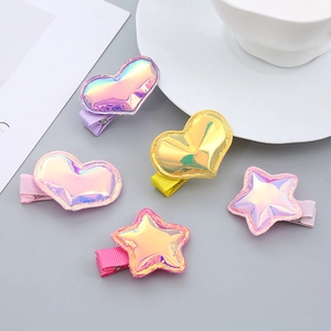 5Pcs cute holographic star and heart hair clips for girls with colorful fabric wraps