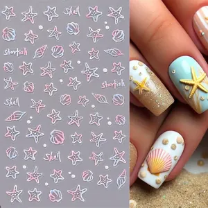 3D Ocean Theme Nail Art Stickers with Shells and Starfish relief texture, Gold.013