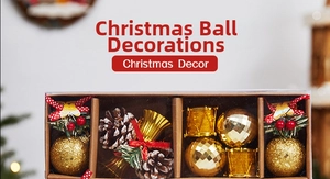 Detailed view of golden Christmas ornaments set including glitter balls and pine cones