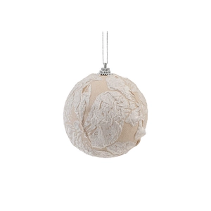 8cm beige fabric Christmas ball ornament with white lace pattern and silver hanging string