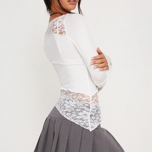 Women's summer slim fit white long sleeve top with lace stitching and round neck