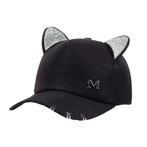Black cat ear baseball cap with sparkling rhinestones, metal M logo and brim ring detail