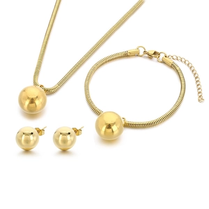 Golden 18K plated stainless steel jewelry set with round beads and snake chains