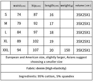 Tabella taglie per shorts di jeans a vita bassa con misure di vita e fianchi in centimetri