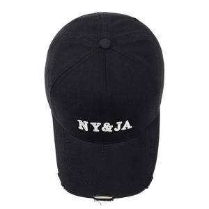 Vintage black cotton baseball cap with NY&JA embroidery and distressed brim detail