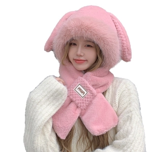 Cute pink plush rabbit ear hooded scarf combo with warm faux fur for winter outdoor use