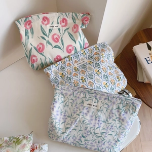 Lot de trousses à maquillage en coton fleuri avec fermeture éclair pour cosmétiques