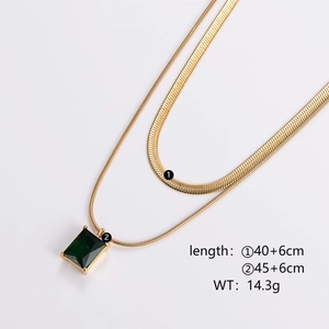 Layered Necklace Stainless Steel Green Rectangular Zircon Pendant Gold Plated Snake Bone Chain Elegant Women Jewelry