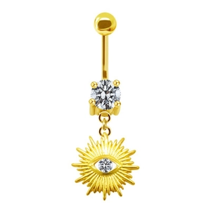 Piercing nombril doré avec pendentif œil solaire et pierres en zircone cubique