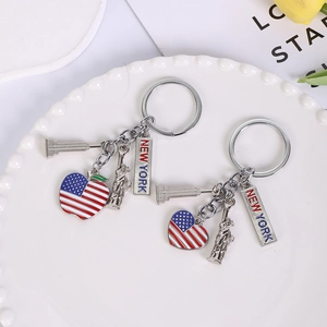 Detail of New York metal keychain with Statue of Liberty and US flag charms on a plate