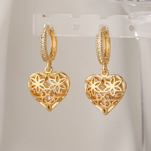 Hollow Heart Drop Earrings Copper Real Gold Plated Zircon Inlaid Vintage Style Fashion Jewelry For Women