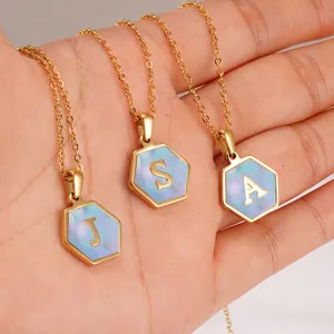 Hexagon Initial Alphabet Pendant Necklace 18K Gold Plated Stainless Steel Blue Shell Inlay Fashion Jewelry For Women