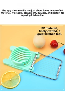 Detailed view of mint green plastic egg slicer with stainless steel wires on color background