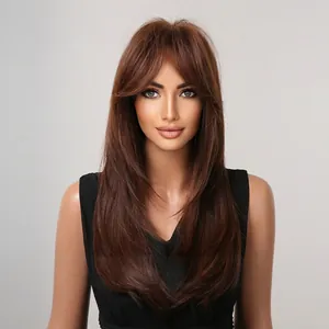 Brown ombre long straight synthetic wig with stylish bangs for women, natural layered hair look