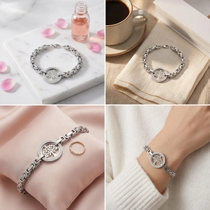 Silver tree of life charm bracelet with zircons and geometric chain in lifestyle settings