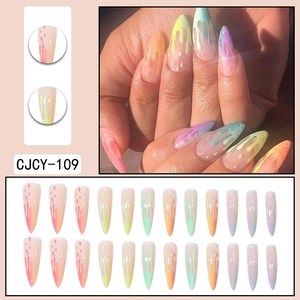 Unghie finte stiletto lunghe sfumate arcobaleno con glitter effetto goccia e set da 24 pezzi