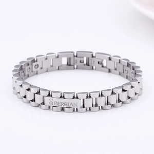 Close-up of BERCIAN stainless steel watch-link bracelet with brushed metal texture