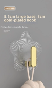 Detail der 5,5 cm sternförmigen Acrylbasis und goldener Klebehaken für das Badezimmer