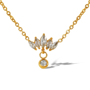 18K gold plated necklace with crown-shaped zircon pendant and sparkling crystal stone